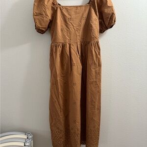 Time and Tru Brown Midi Dress with Puff Sleeves